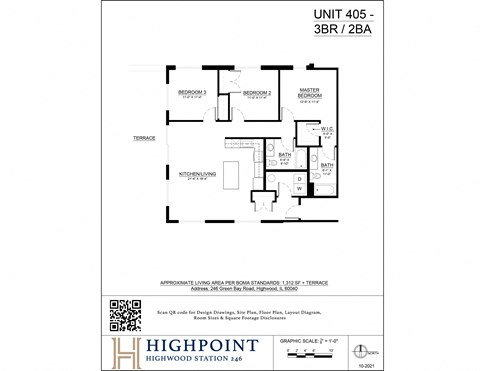 Floor plan for 3 beds, 2 baths